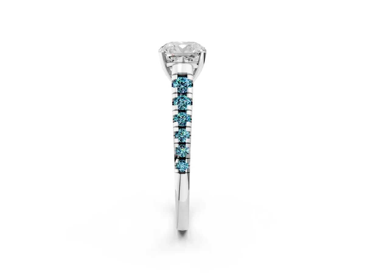 Cushion Cut Diamond Cathedral Solitaire Ring with Round Blue Topaz Pavé Band Silver