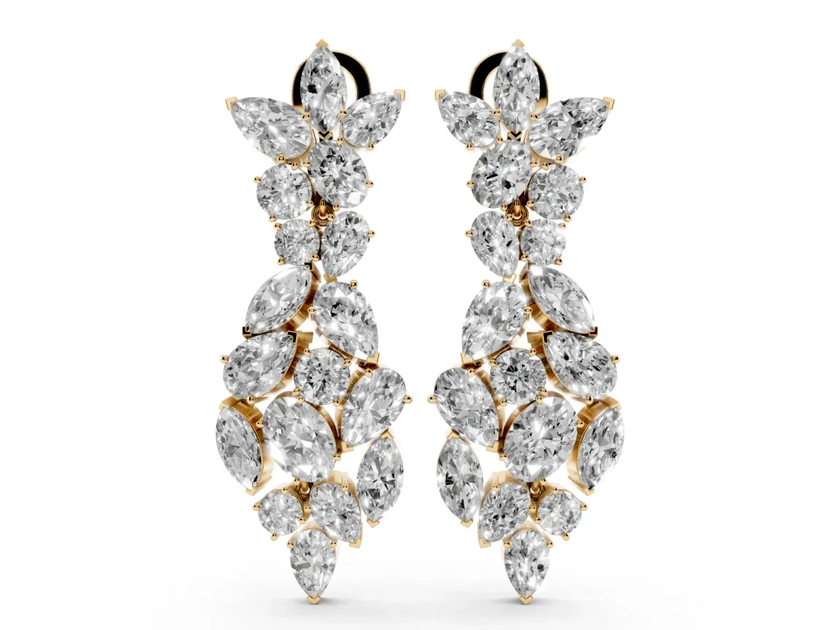 Pear, Marquise and Oval Diamond Floral Drop Earrings Yellow gold