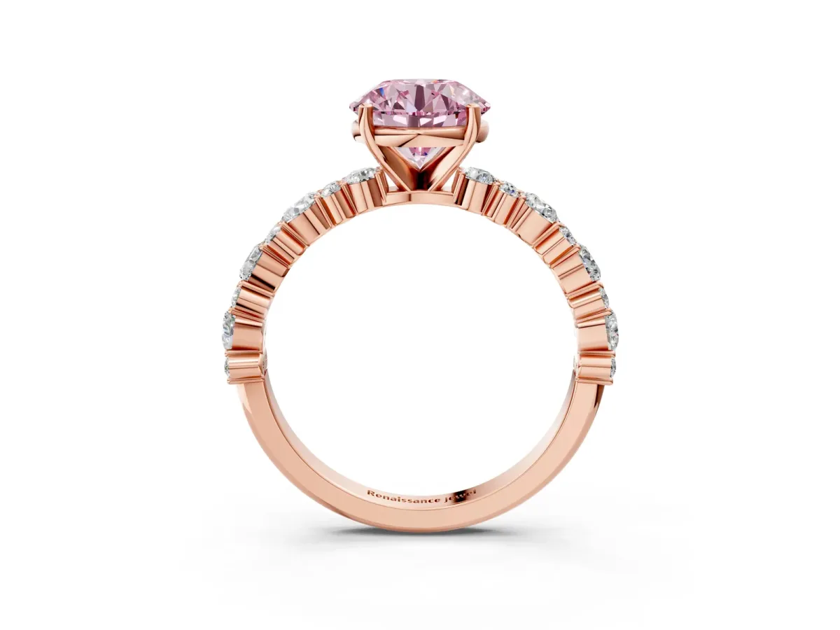 Fancy Pink Round Cut Diamond Side Stone Solitaire Ring with Round and Four-Prong Setting Rose gold