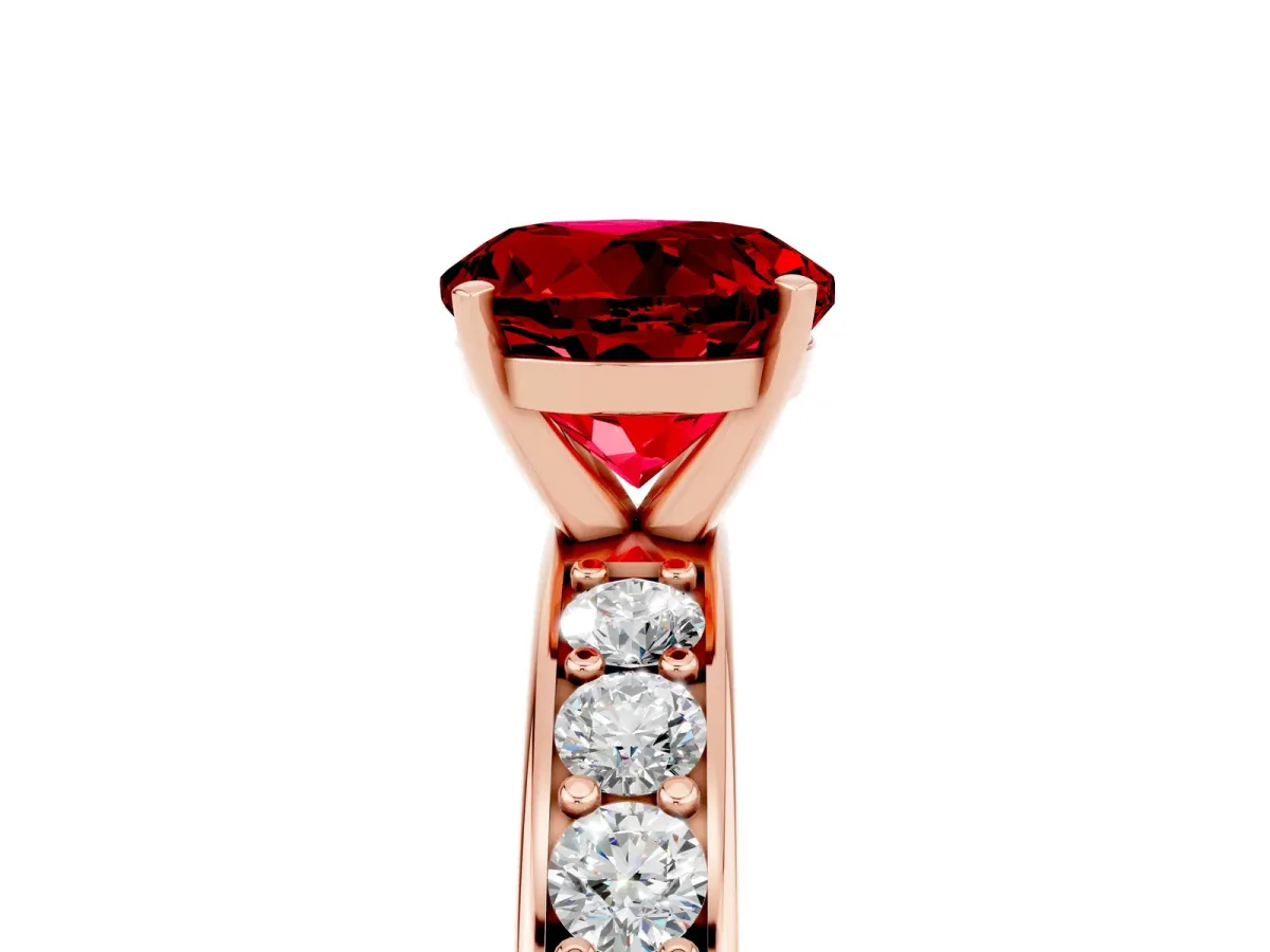 Round Cut Ruby Engagement Ring with Channel Set Round Band and Prong Setting Rose gold