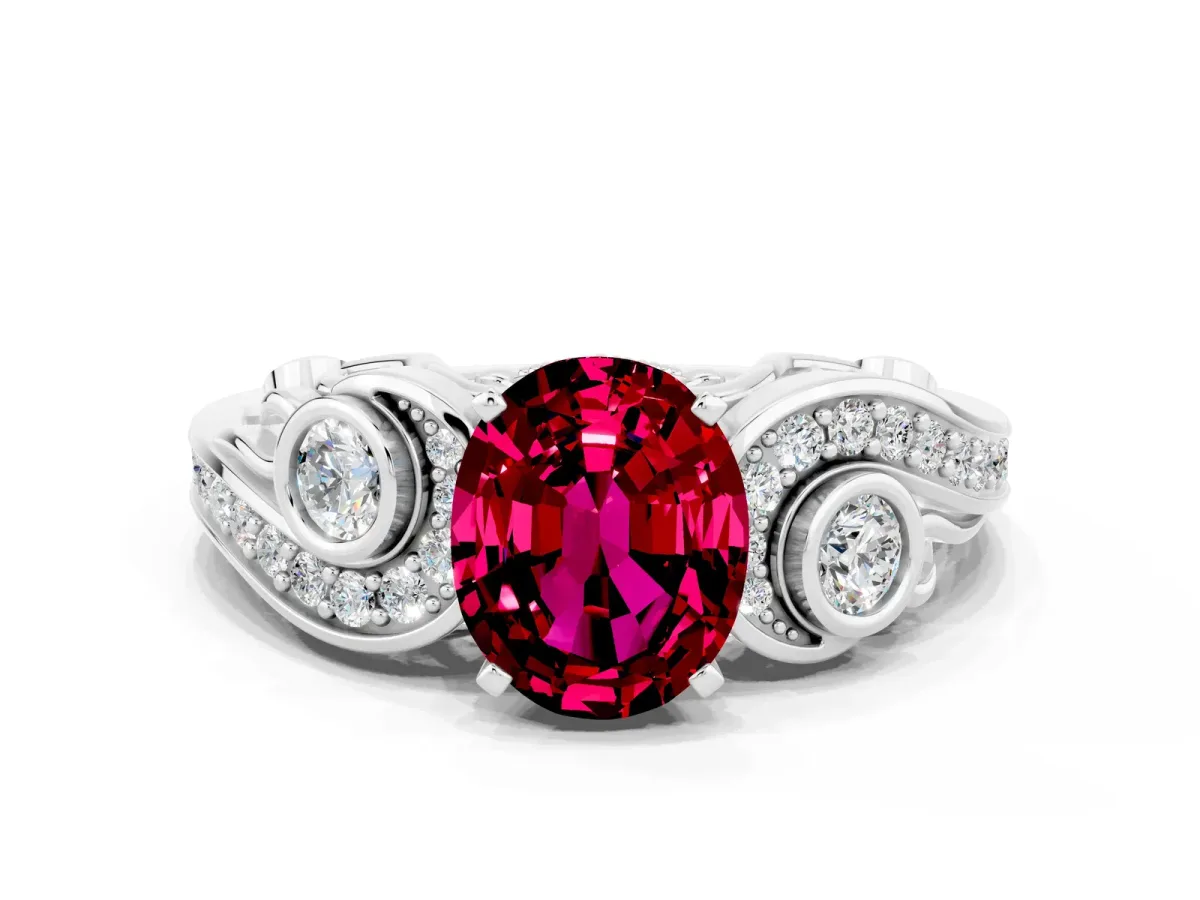 Oval Cut Garnet Solitaire Ring with Milgrain Pavé Band and Four-Prong Setting Silver