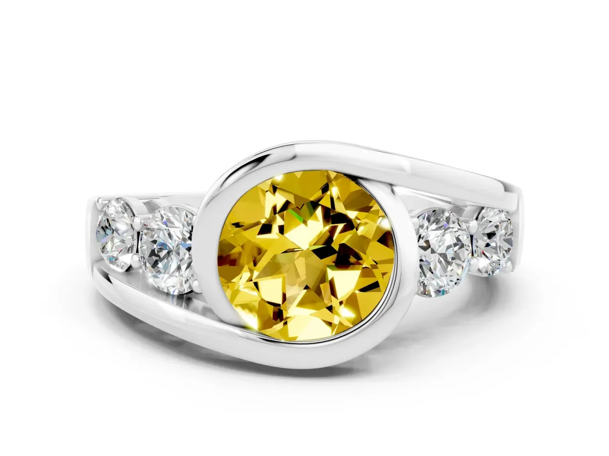 Bezel Set Round Cut Yellow Sapphire Bypass Ring with Round Accents Silver