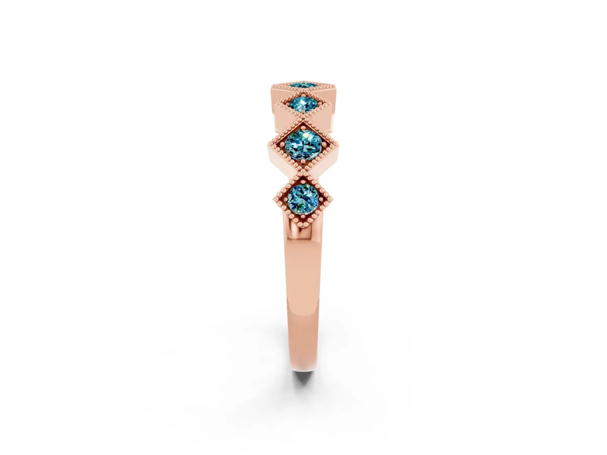 Milgrain Square Bezel Round Blue Topaz Chevron Band Rose gold