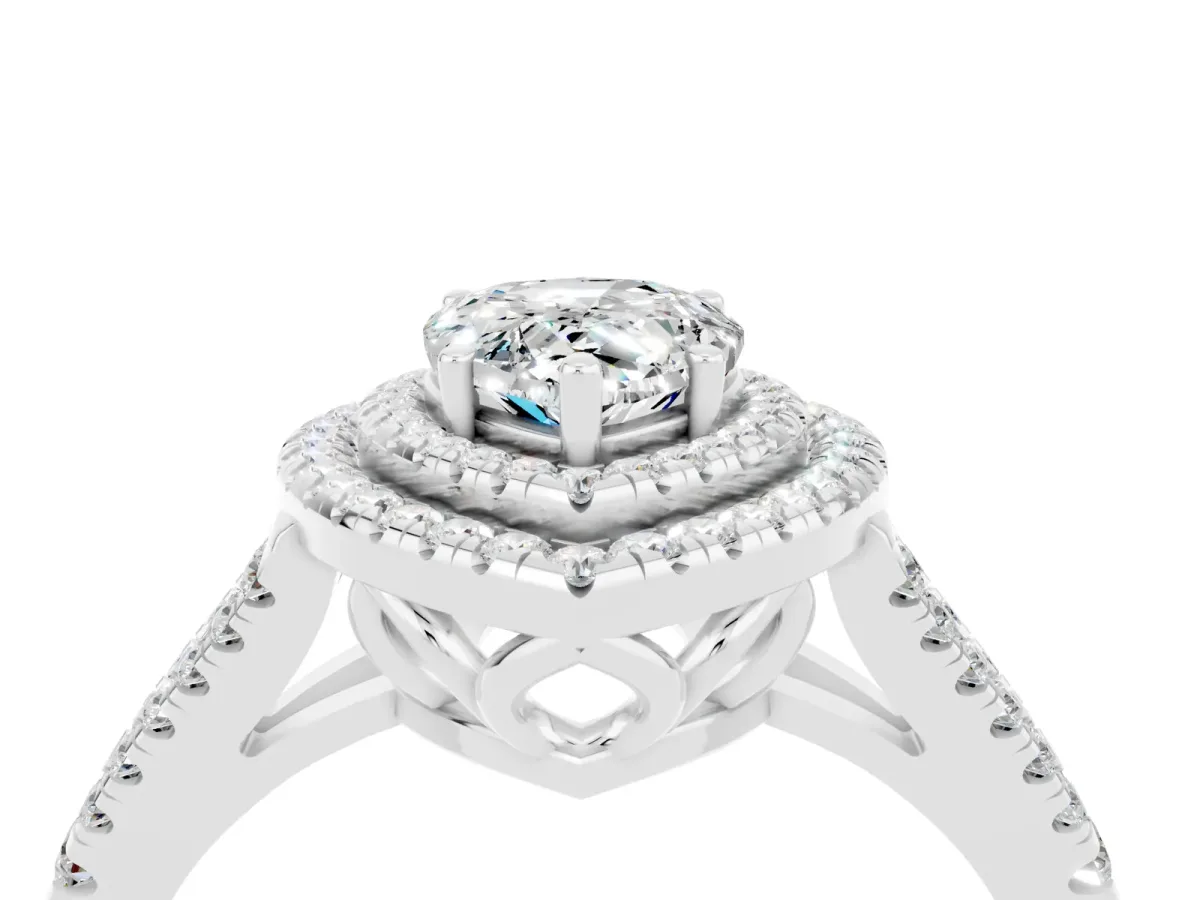 Pear Cut Moissanite Double Halo Ring with Pavé Band and Prong Setting Silver