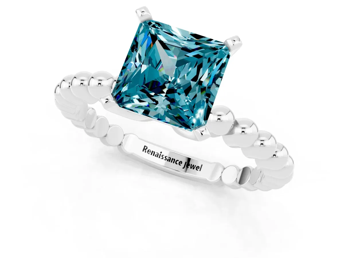 Princess Cut Blue Topaz Solitaire Ring with Beaded Band and Prong Setting Platinum