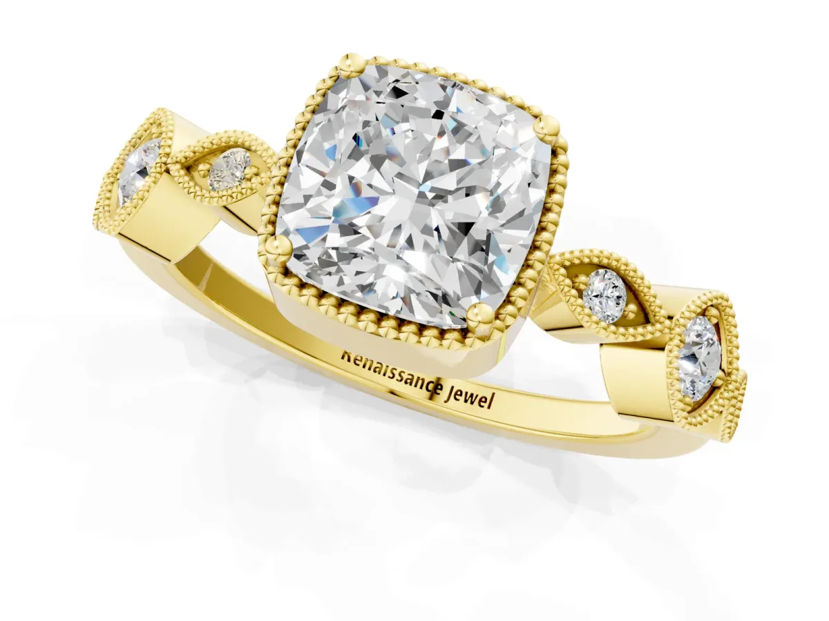 Cushion Cut Diamond Vintage Milgrain Ring with Round Stations Yellow gold