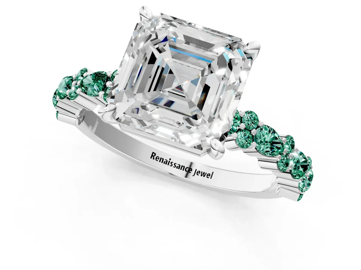 Asscher Cut Diamond Side Stone Solitaire Ring with Round Green Sapphire and Four-Prong Setting Silver