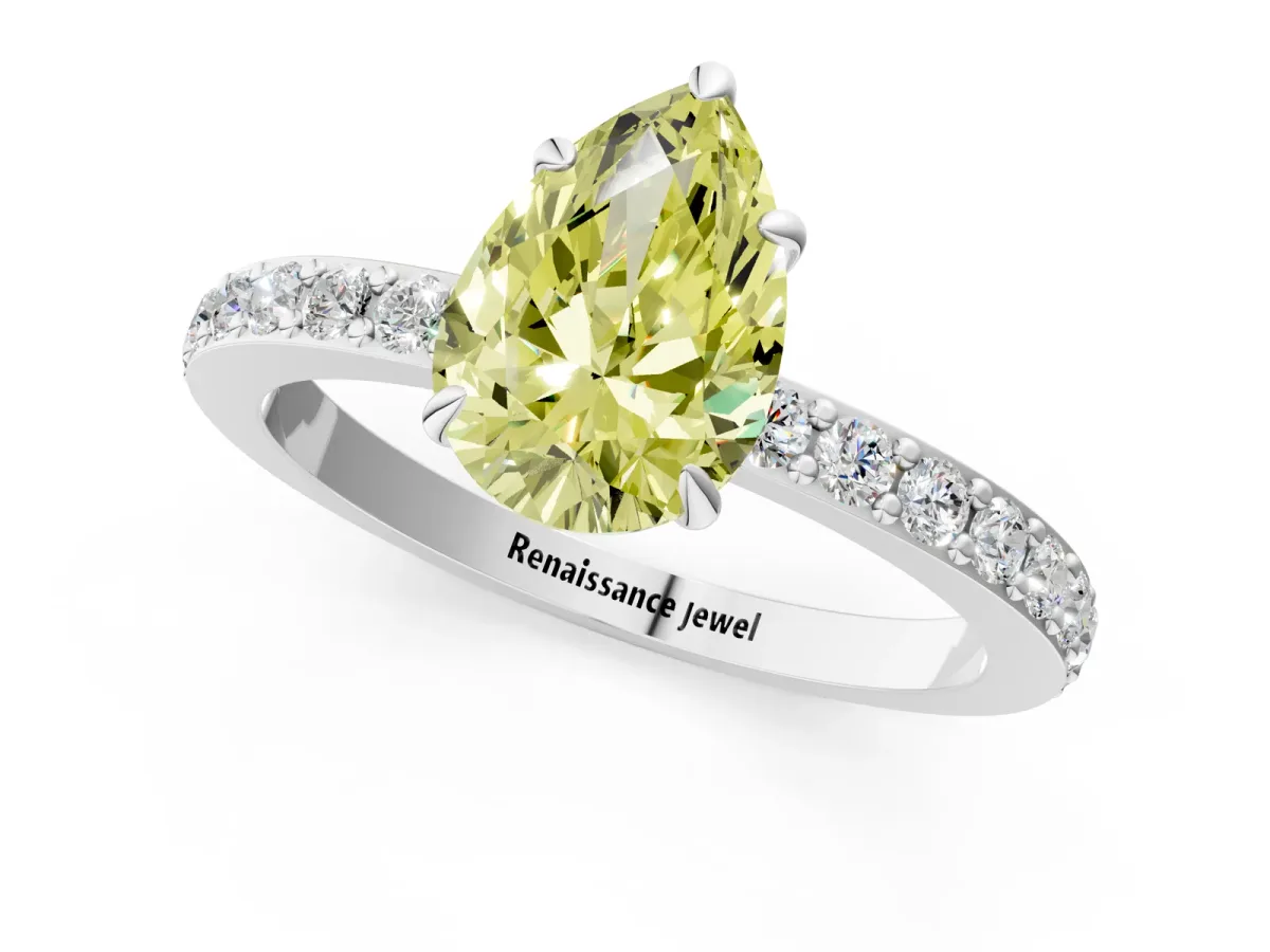 Fancy Yellow Pear Cut Diamond Solitaire Engagement Ring with Pavé Band and Four-Prong Setting Silver