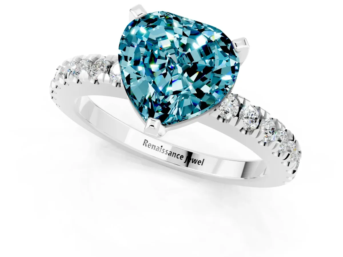 Heart Cut Solitaire Blue Topaz with Pavé Band and Four-Prong Setting Silver