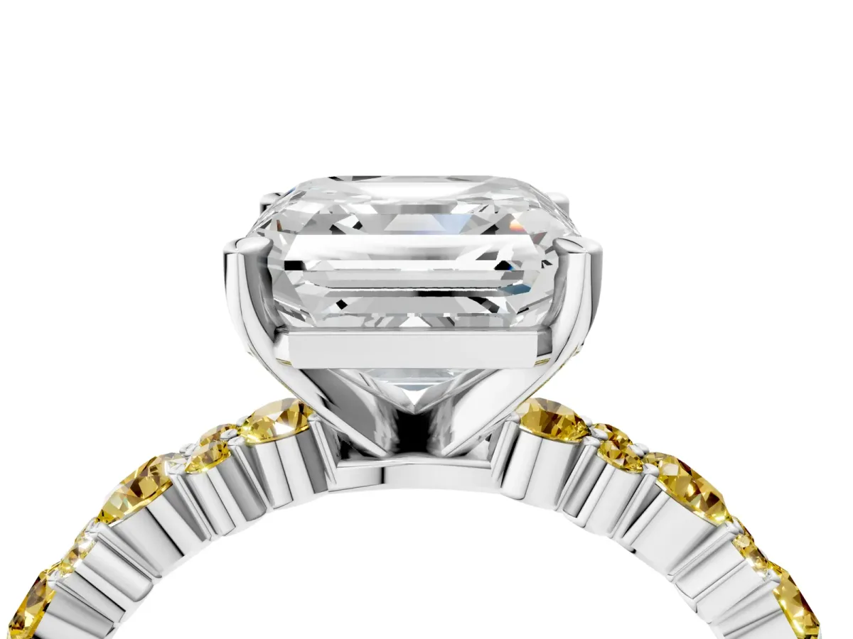 Asscher Cut Diamond Side Stone Solitaire Ring with Round Yellow Sapphire and Four-Prong Setting Platinum