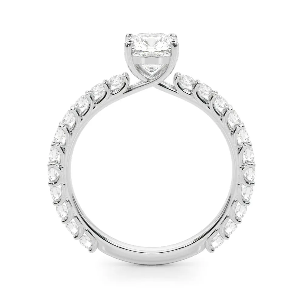 Emerald Cut Cut Diamond Solitaire Ring with U-Prong Diamond Band and Four Prong Setting Platinum