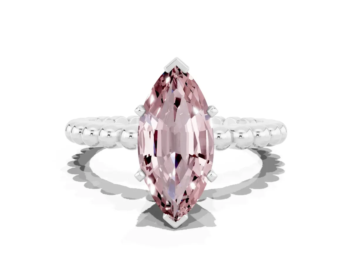 Marquise Cut Morganite Solitaire Ring with Beaded Band and Prong Setting Silver