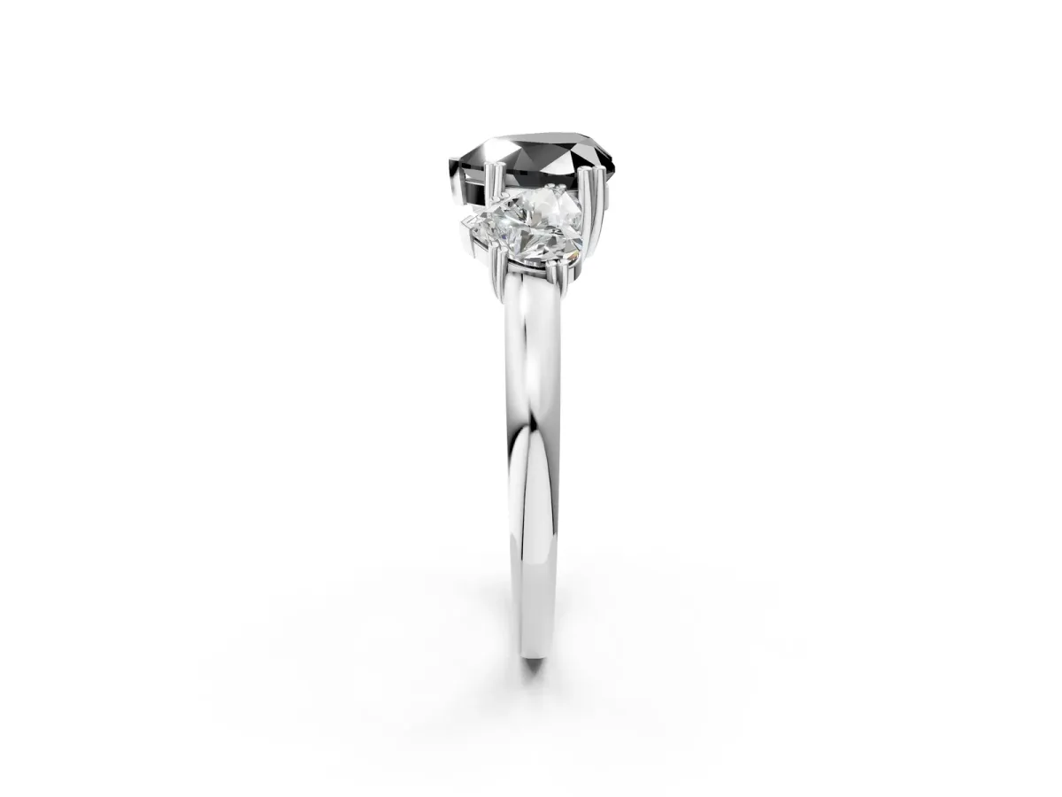 Fancy Black Three-Stone Heart Cut Cut Diamond Ring with Channel Set Band and Four-Prong Setting Silver