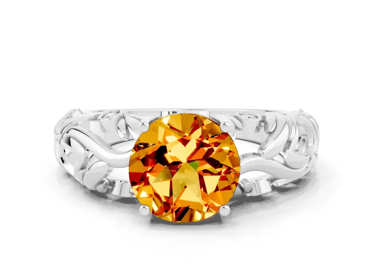 Round Cut Solitaire Citrine Leaf-Inspired Vine Band Ring with Prong Setting Silver