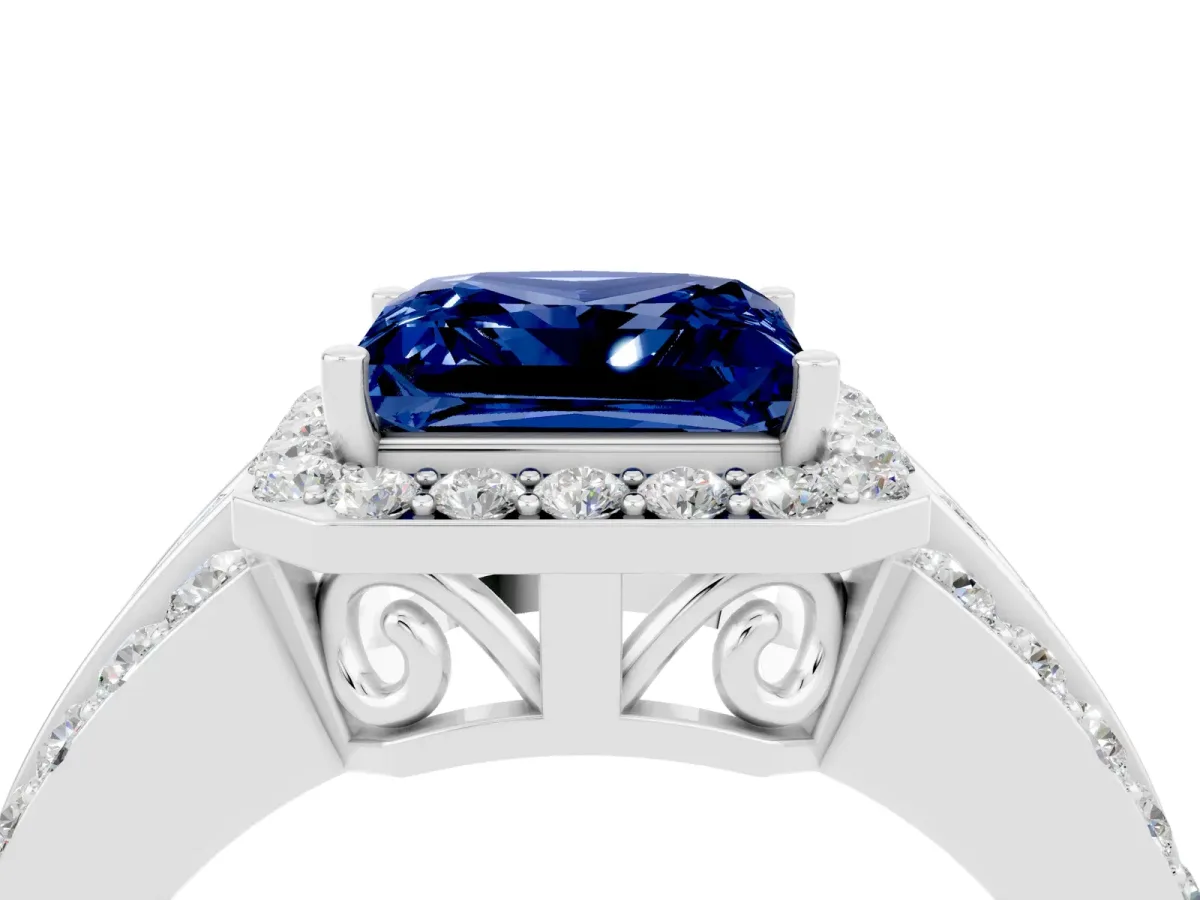 Princess Cut Halo Blue Sapphire Ring with Round Split Shank and Prong Setting Silver