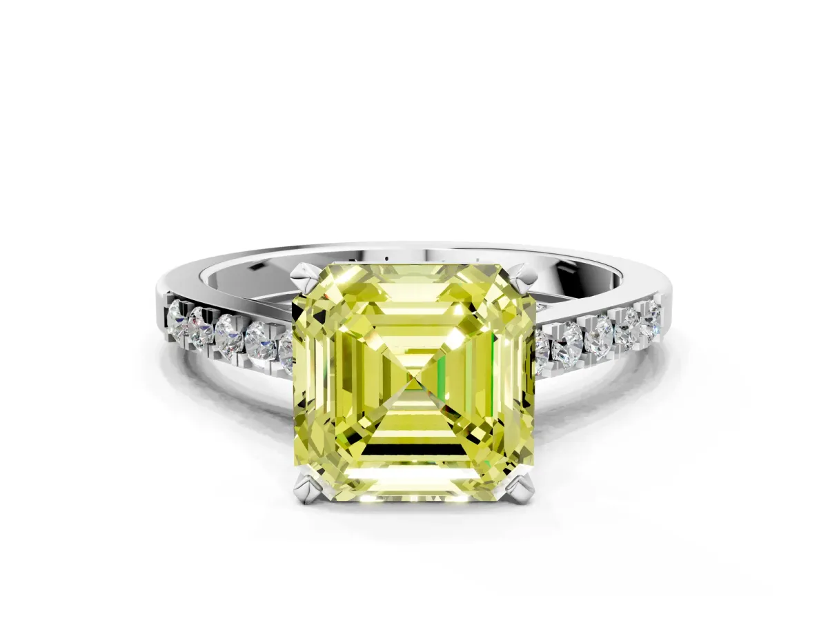 Fancy Yellow Asscher Cut Diamond Solitaire Ring with Crossover Gallery and Round Pavé Band Silver