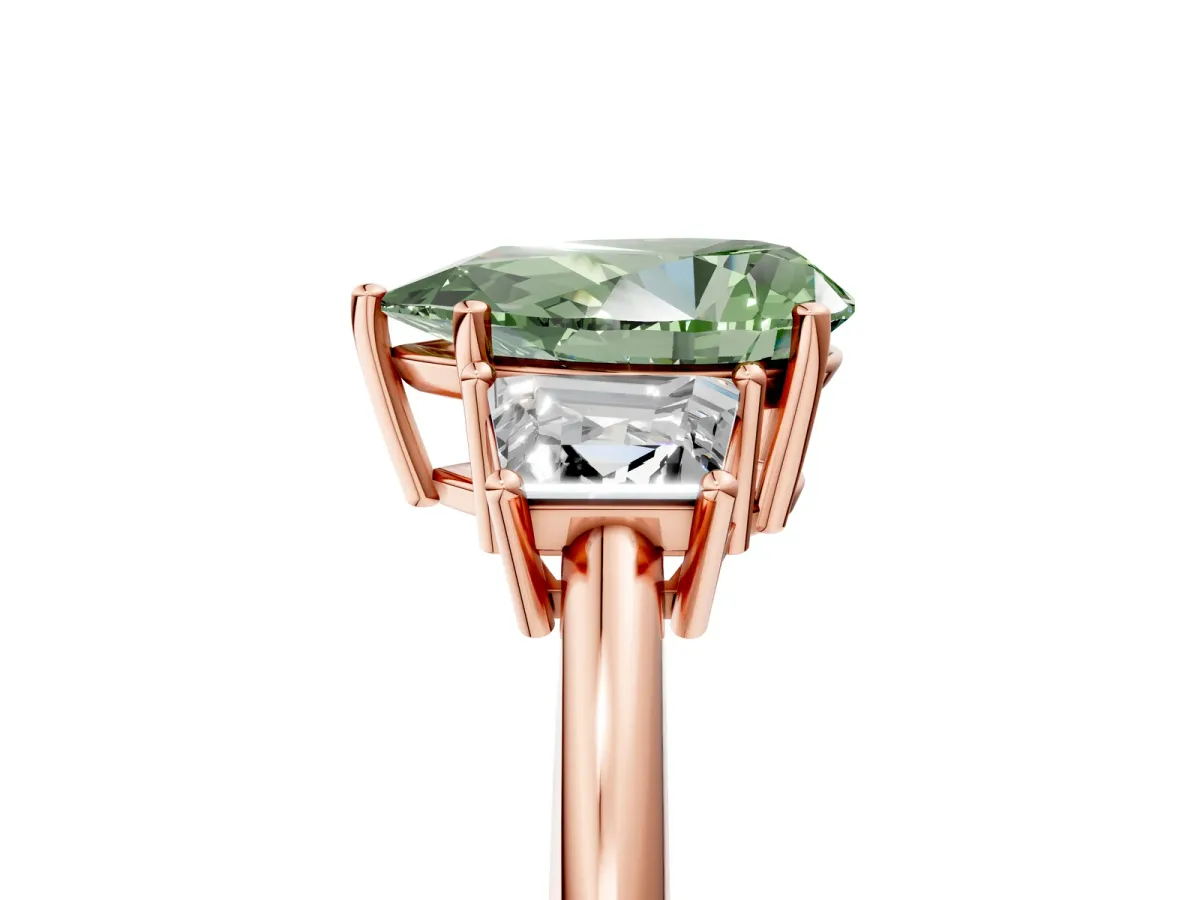 Fancy Green Pear Cut Diamond Three-Stone Ring with Trapezoid Side Stones and Prong Setting Rose gold