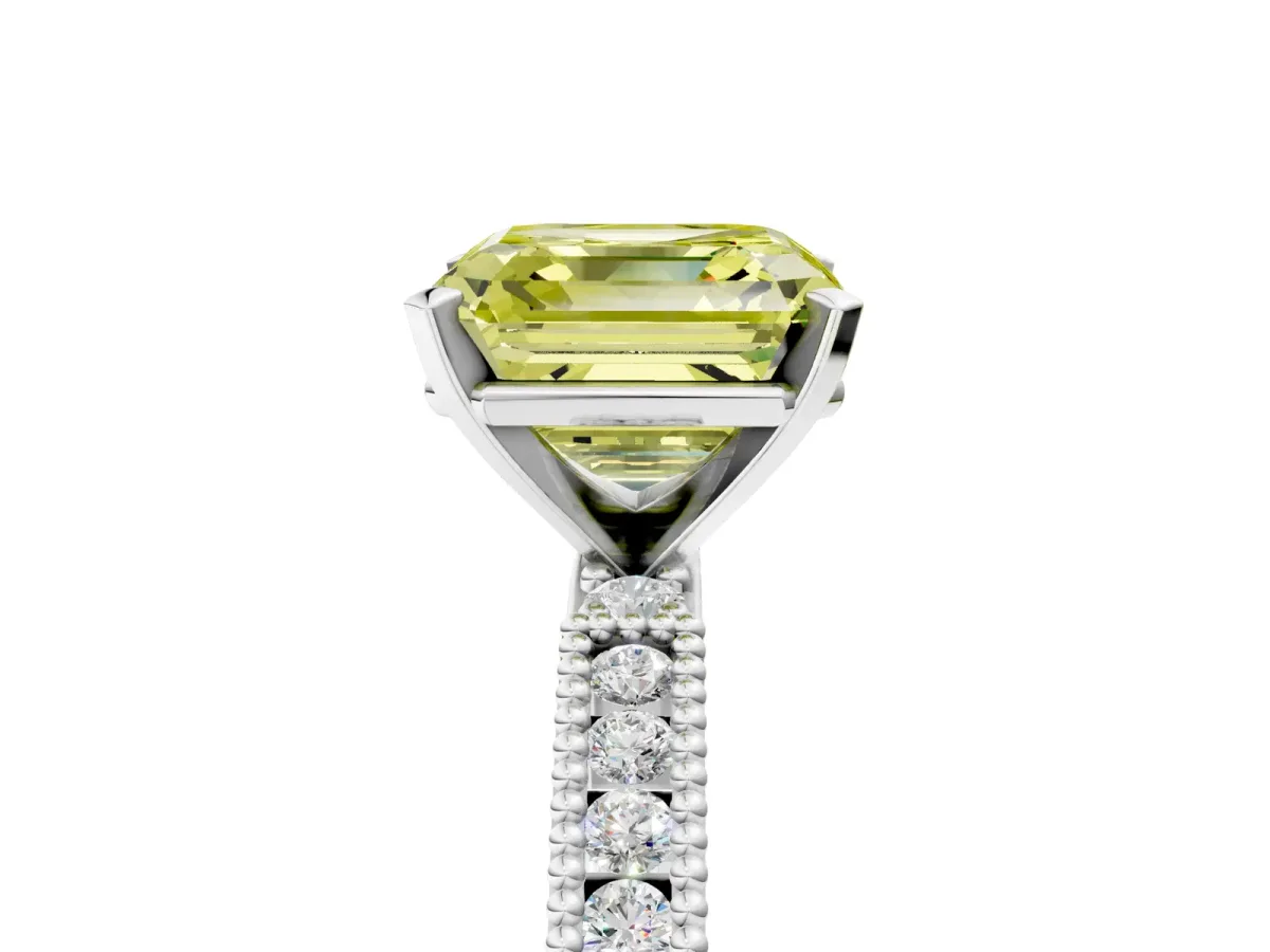 Fancy Yellow Asscher Cut Solitaire with Pavé Band and Four-Prong Setting Silver