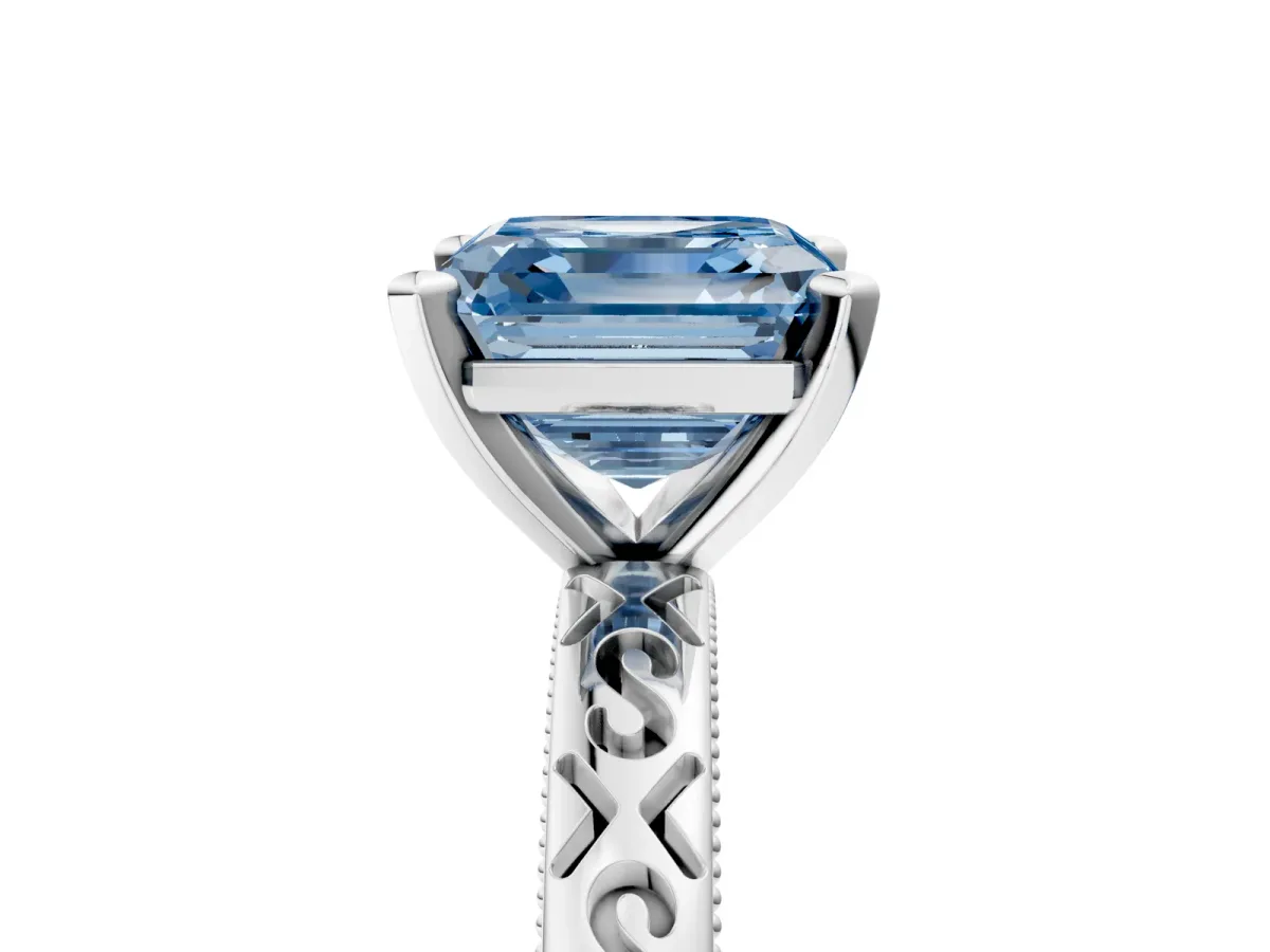 Fancy Blue Asscher Cut Solitaire Engagement Ring with Scrollwork Band and Four-Prong Setting Platinum