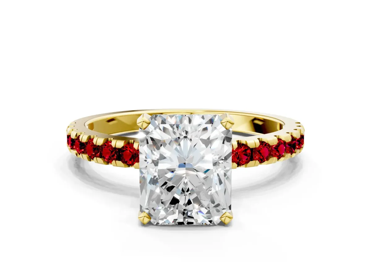 Radiant Cut Diamond Solitaire Ring with Round Ruby Pavé Band and Four-Prong Setting Yellow gold