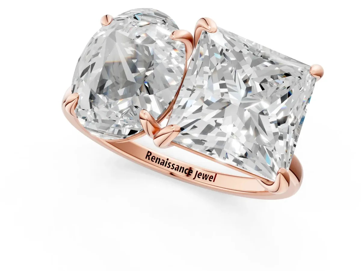 Oval and Princess Toi Moi Ring with Prong Setting and Plain Band Rose gold