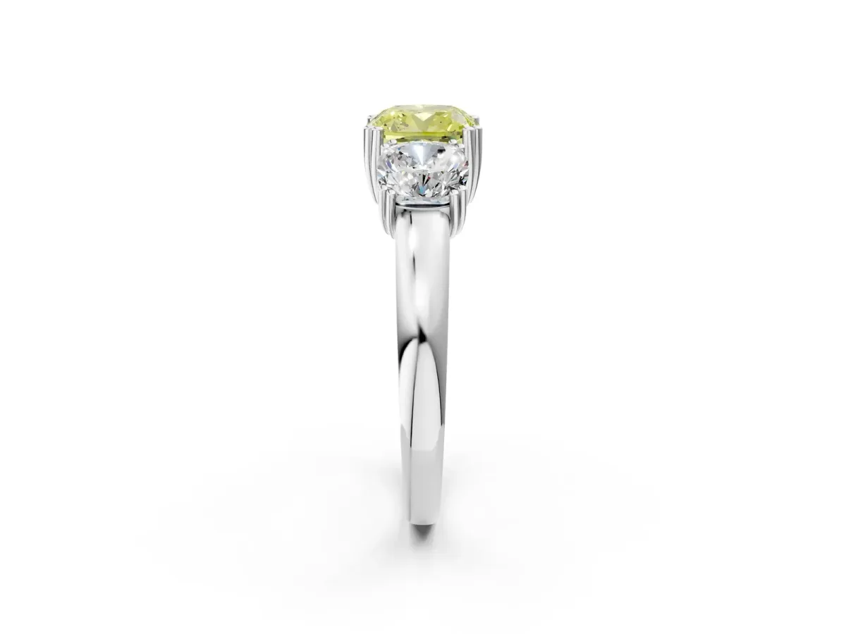 Fancy Yellow Three-Stone Cushion Cut Cut Diamond Ring with Channel Set Band and Four-Prong Setting Silver