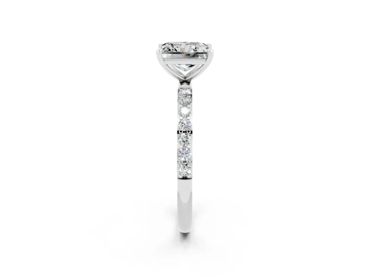 Princess Cut Moissanite Solitaire Ring with Round Pavé Band and Prong Setting Silver