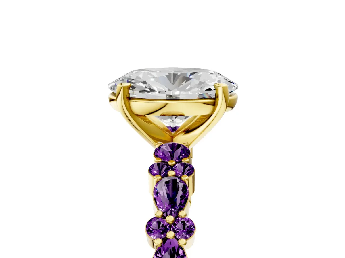 Oval Cut Diamond Side Stone Solitaire Ring with Round Amethyst and Four-Prong Setting Yellow gold