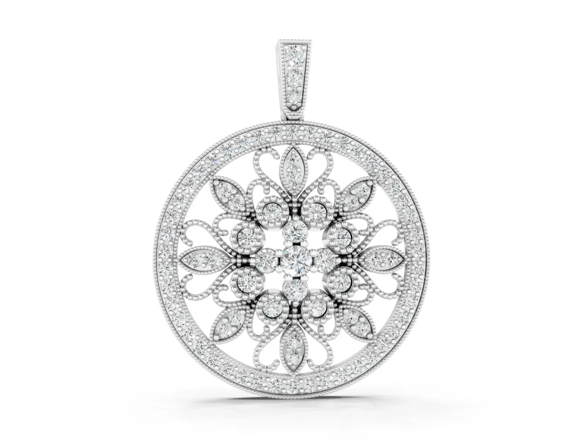 Round Pavé Diamond Filigree Pendant White gold