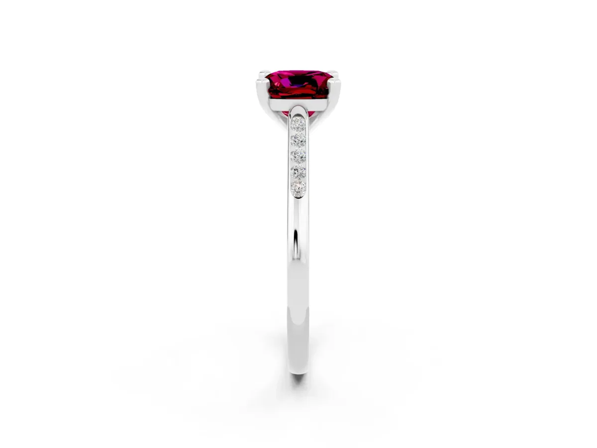 Cushion Cut Garnet Solitaire Ring with Channel Set Round Band and Prong Setting Silver