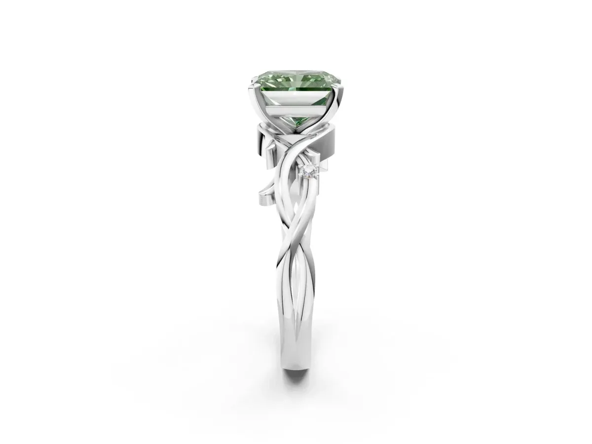Fancy Green Radiant Cut Diamond Solitaire Ring with Twisted Band and Prong Setting Platinum