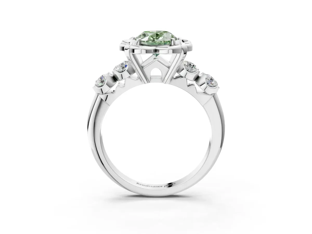 Fancy Green Oval Cut Cut Diamond Floral Halo Engagement Ring with Shared Prong Setting Silver