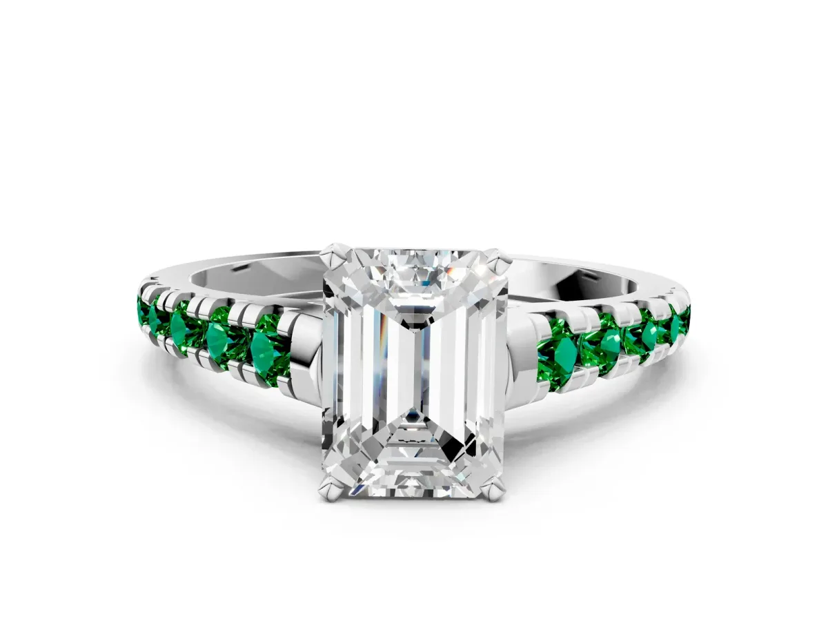 Emerald Cut Diamond Cathedral Solitaire Ring with Round Emerald Pavé Band Silver