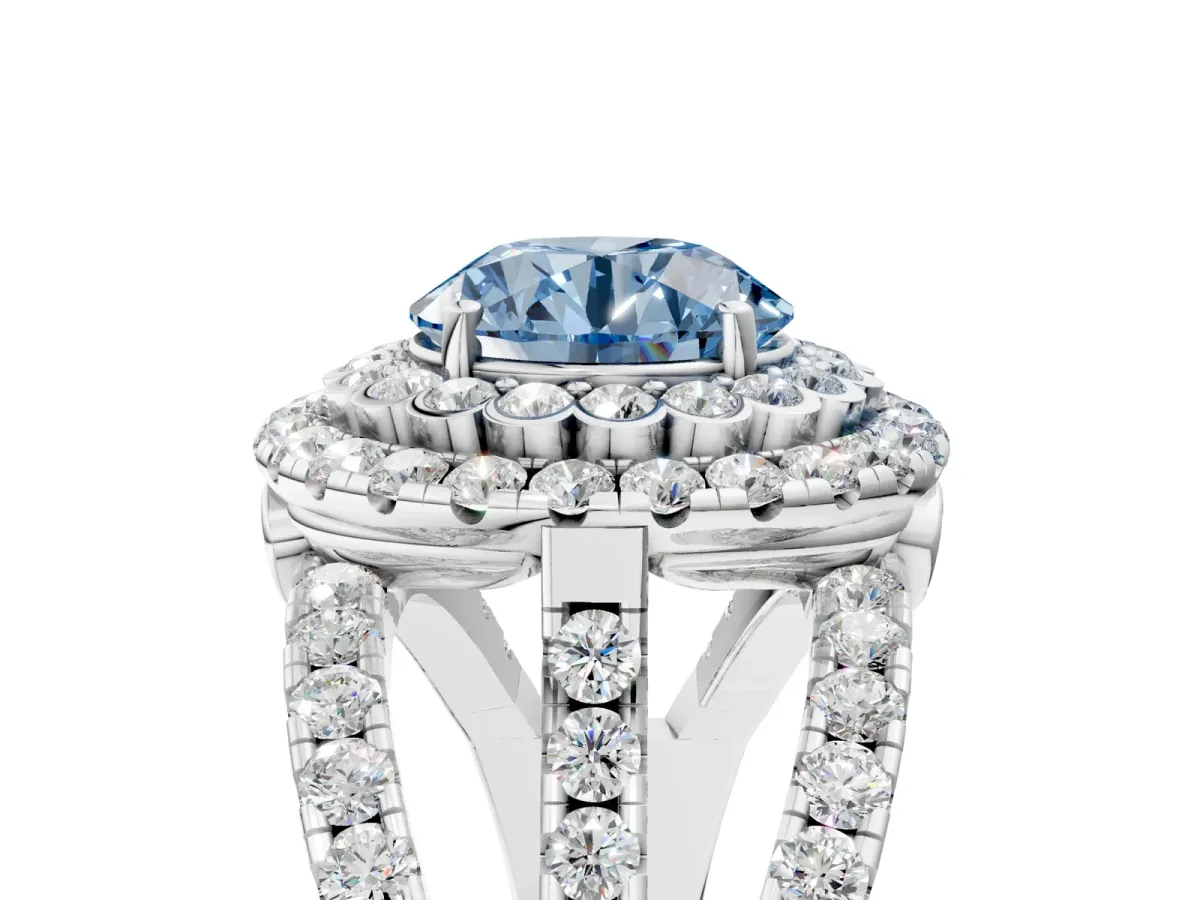Fancy Blue Round Cut Diamond Double Halo Ring with Round Pavé Split Shank and Prong Setting White gold