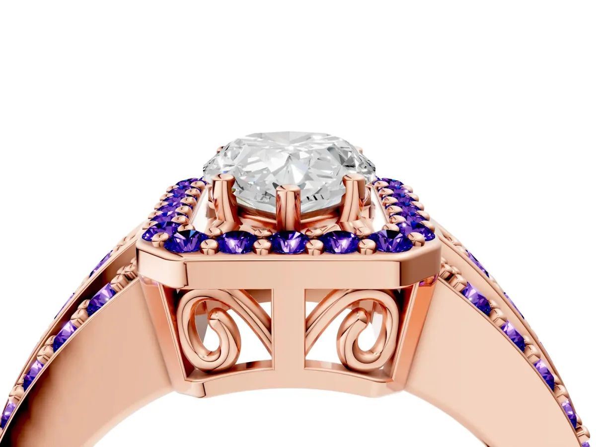 Pear Cut Halo Diamond Ring with Round Tanzanite Split Shank and Prong Setting Rose gold