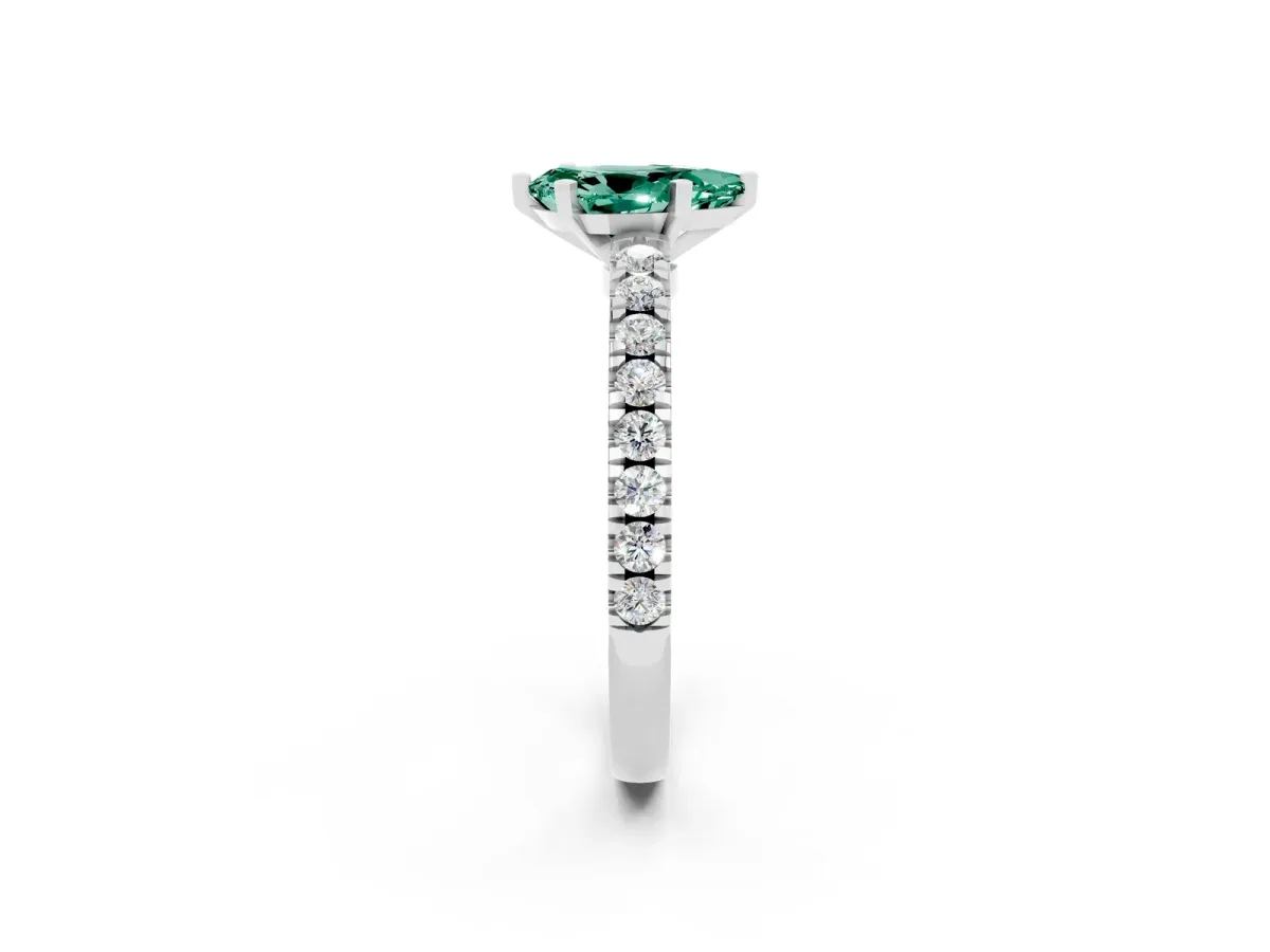 Pear Cut Solitaire Green Sapphire with Pavé Band and Four-Prong Setting Silver