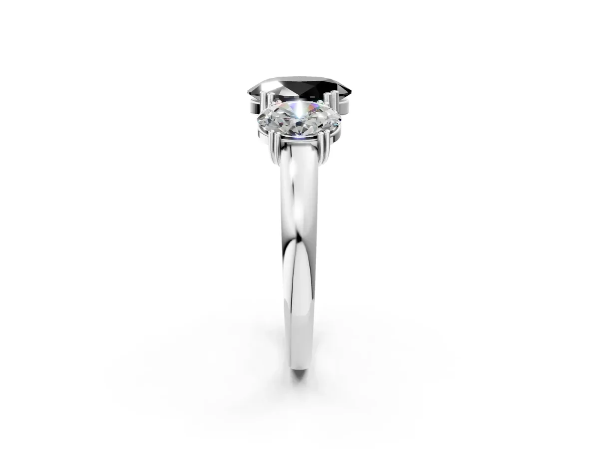 Fancy Black Three-Stone Oval Cut Cut Diamond Ring with Channel Set Band and Four-Prong Setting Silver