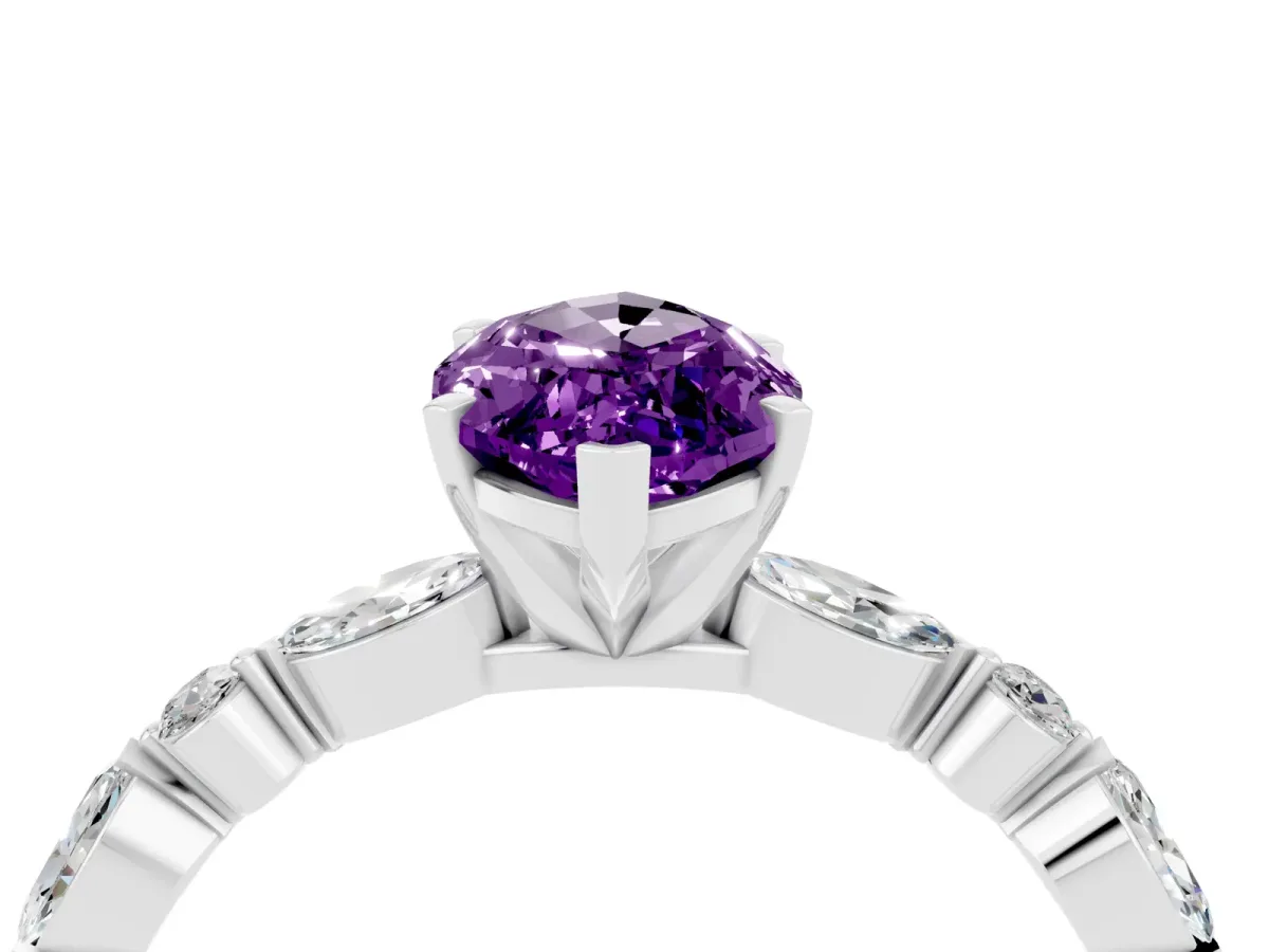 Marquise Cut Amethyst Ring with Marquise and Round Side Stones and Four-Prong Setting Silver