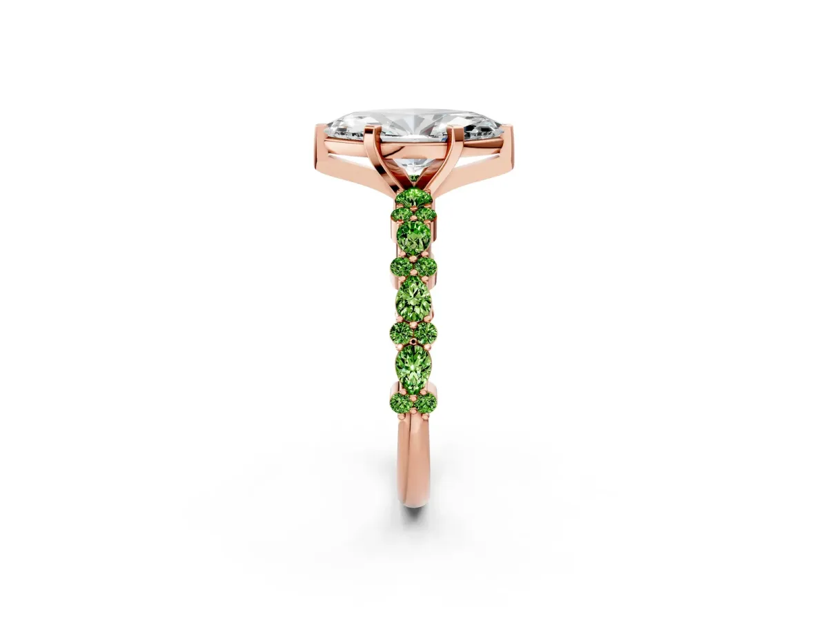 Marquise Cut Diamond Side Stone Solitaire Ring with Round Peridot and Four-Prong Setting Rose gold