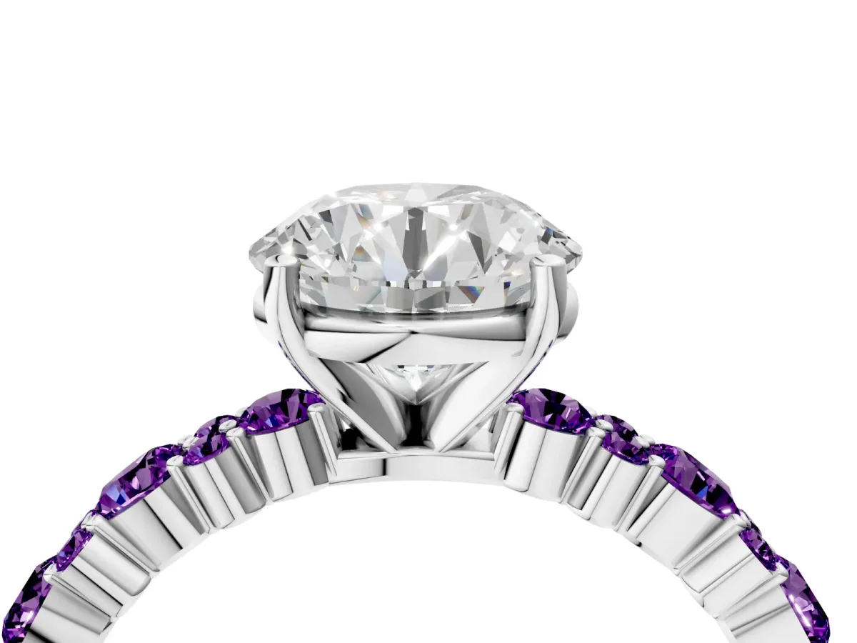 Round Cut Diamond Side Stone Solitaire Ring with Round Amethyst and Four-Prong Setting Silver