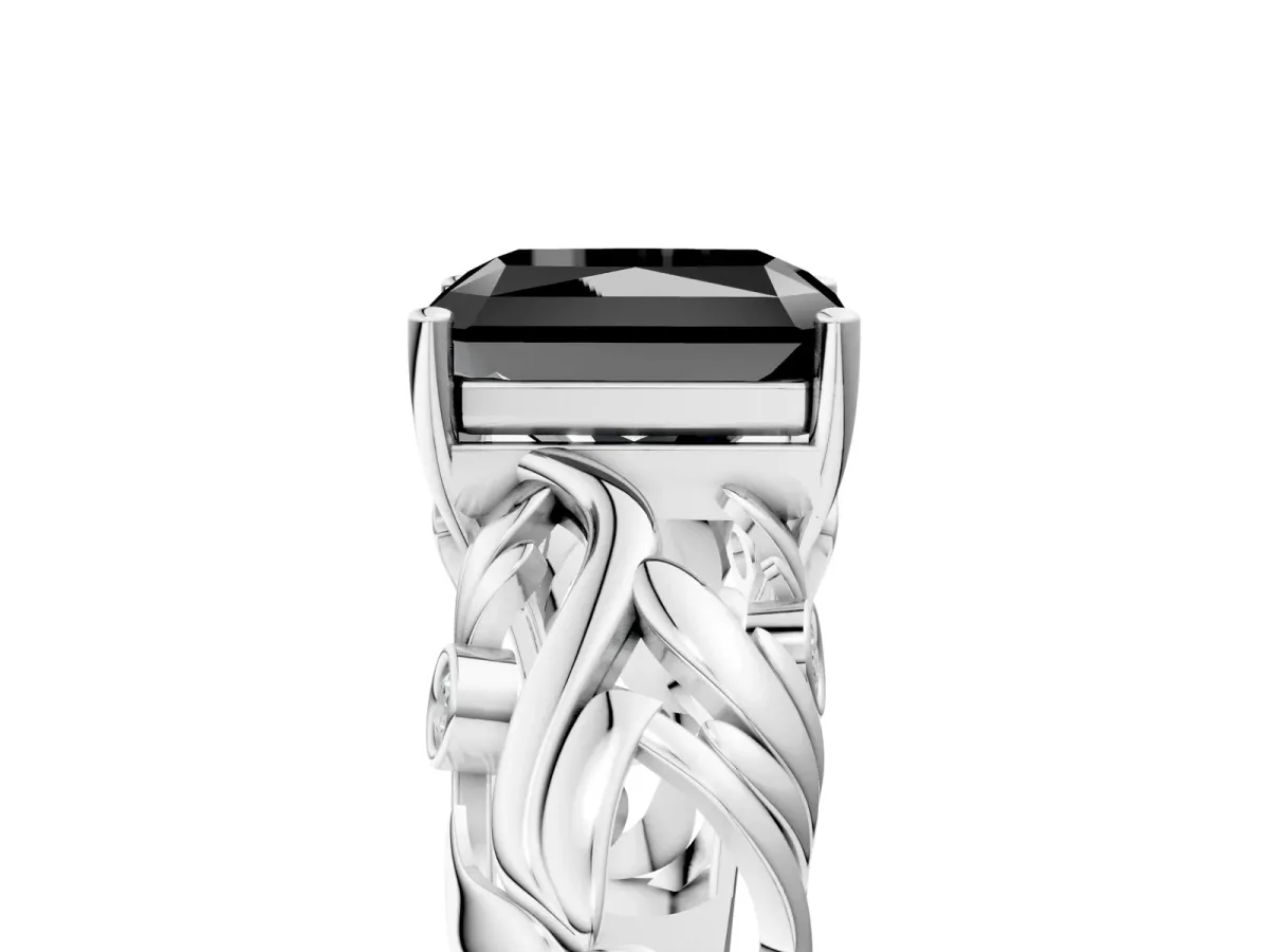 Fancy Black Radiant Cut Solitaire Diamond Leaf-Inspired Vine Band Ring with Prong Setting Platinum