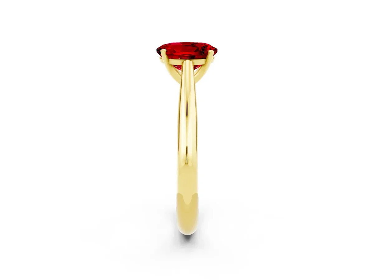Oval Cut Ruby Solitaire Engagement Ring with Cathedral Setting and Four-Prong Mount Yellow gold