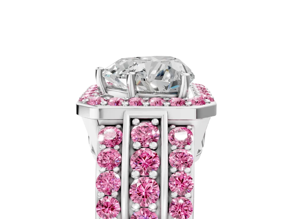 Heart Cut Halo Diamond Ring with Round Pink Sapphire Split Shank and Prong Setting Silver