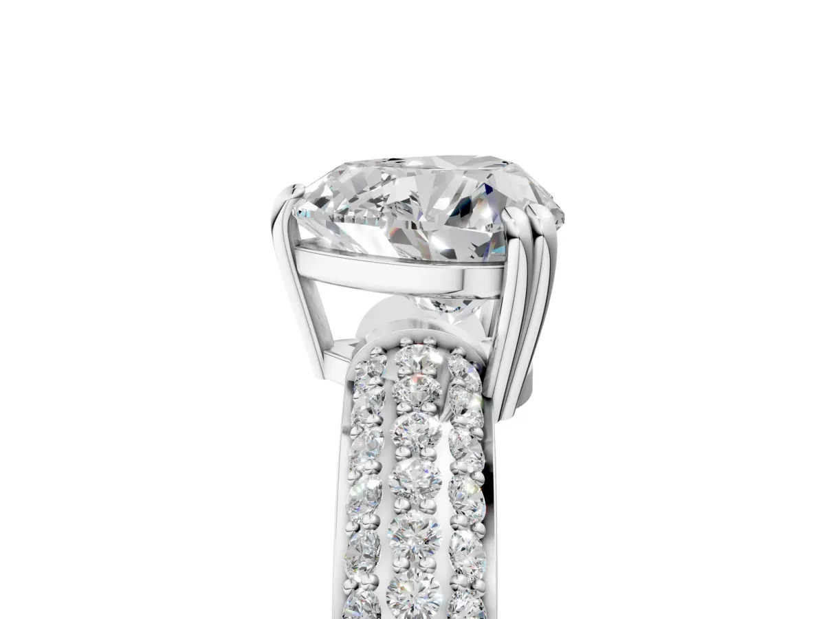 Heart Cut Diamond Solitaire Ring with Multi-Row Round Pavé Band and Prong Setting White gold