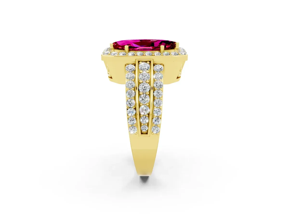 Marquise Cut Halo Garnet Ring with Round Split Shank and Prong Setting Yellow gold
