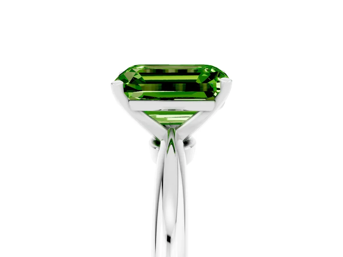 Emerald Cut Peridot Solitaire Ring with Six-Prong Setting and Classic Band Platinum