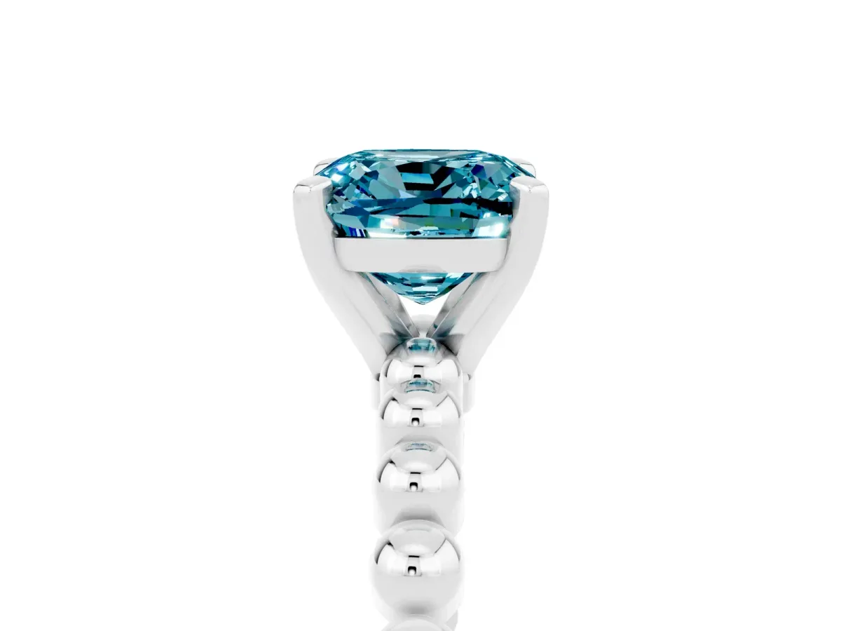 Cushion Cut Blue Topaz Solitaire Ring with Beaded Band and Prong Setting Silver