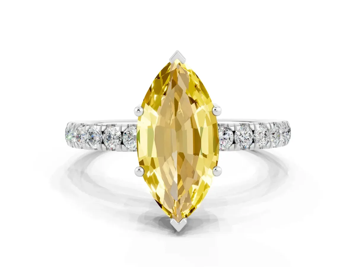 Marquise Cut Yellow Sapphire Pave Band Solitaire Ring with Round and Prong Setting Silver