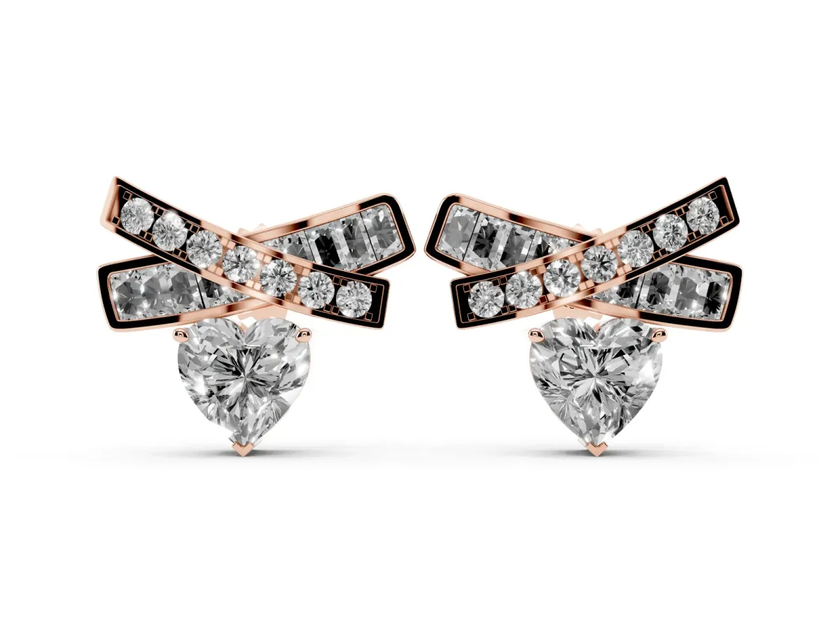 Heart Diamond X Stud Earrings with Baguette and Round Accents Rose gold