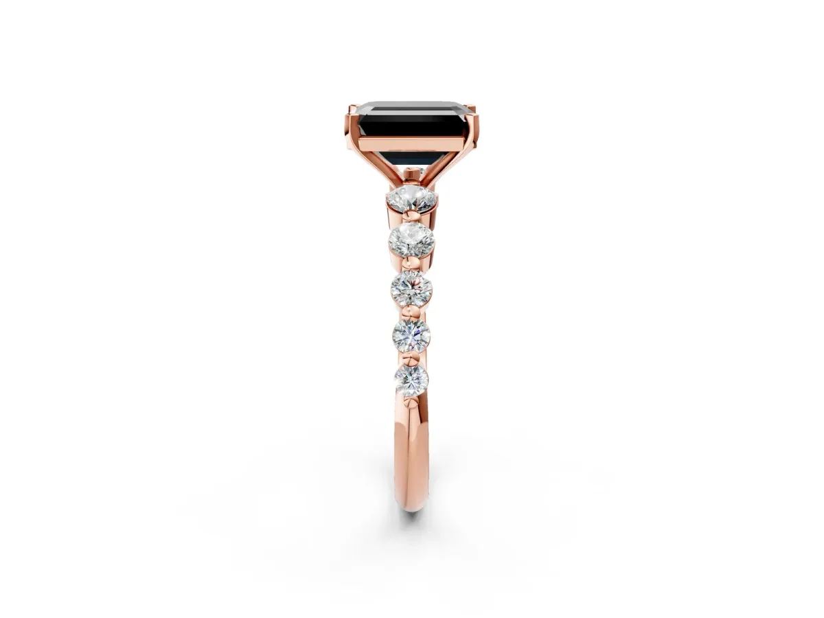 Fancy Black Emerald Cut Solitaire Diamond Ring with Pave Band and Four-Prong Setting Rose gold